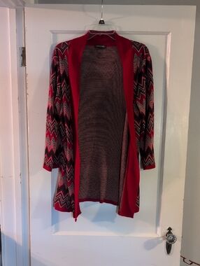 Notations Red Chevron Open Cardigan with Black & Pink Accents